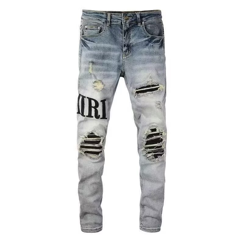 Am Foreign Trade Style Punk Retro Blue Ripped Slim Fit Stretch Printed and Dyed Youth Skinny Men's Jeans Trendy Am Foreign Trade Style Punk Retro Blue Ripped Slim Fit Stretch Printed and Dyed Youth Skinny Men's Jeans Trendy