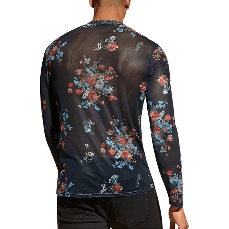 Camiseta Interior Transparente para Hombre, Ajustada y Sexy, Estilo Europeo y Americano, Ropa Masculina Transfronteriza, Camiseta de Malla con Estampado Floral, Novedad 2025