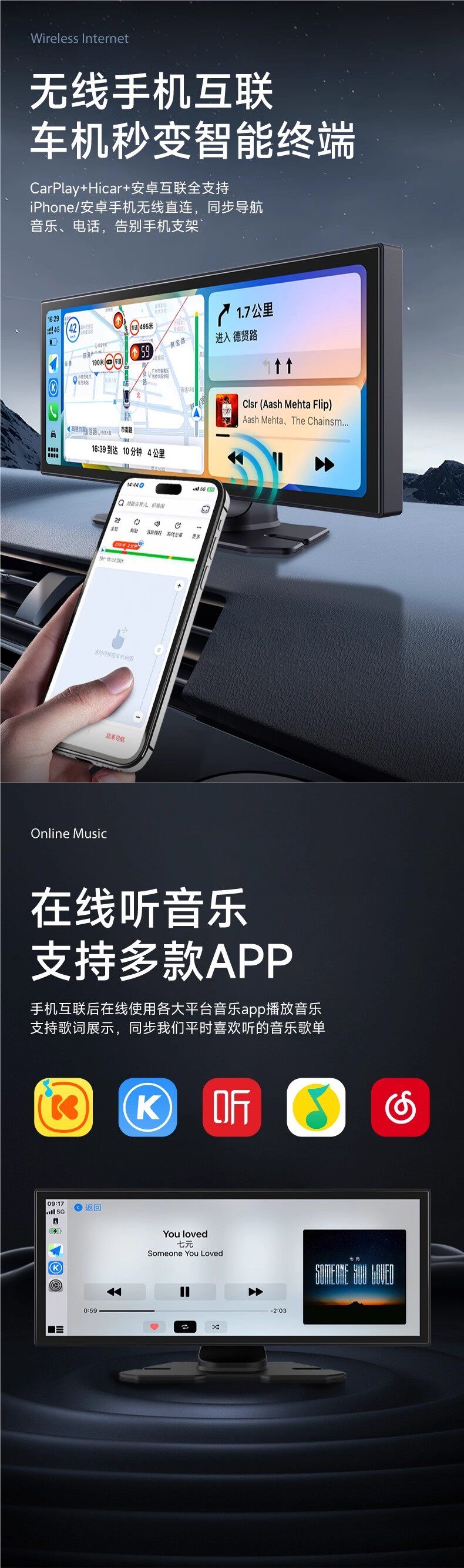 Jiuyin Wireless Carplay Portable Screen Car Navigation Device Hicar Smart Screen Dash Cam All-in-One Machine