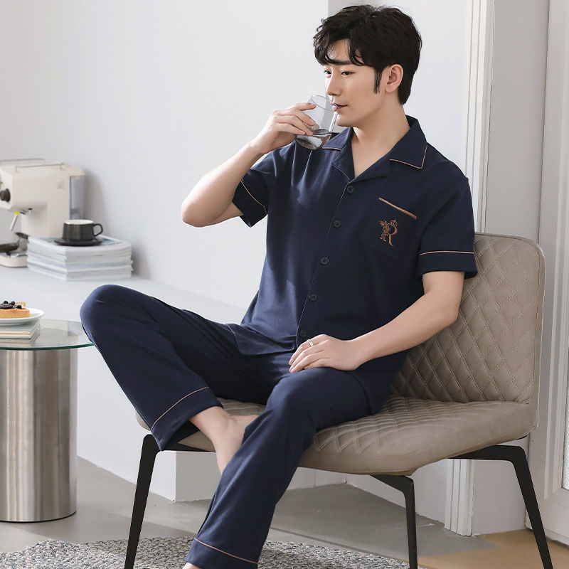 Pijamas de algodón de verano para hombres pantalones de manga corta cardigan delgado más tamaño mediano y joven traje homewear