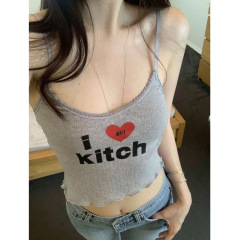 現 2024夏季新款韓國東大門美式字母愛心蕾絲鈎花吊帶背心