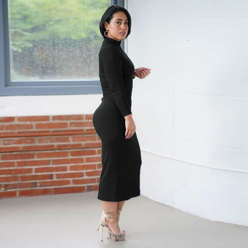 Solid Color Long Sleeve High Waist Hollow Tight-Fitting Mid-Length Dress