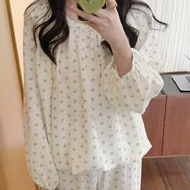 白色灰花宽松长袖睡衣套装女韩系简约春秋居家睡眠家居服批发