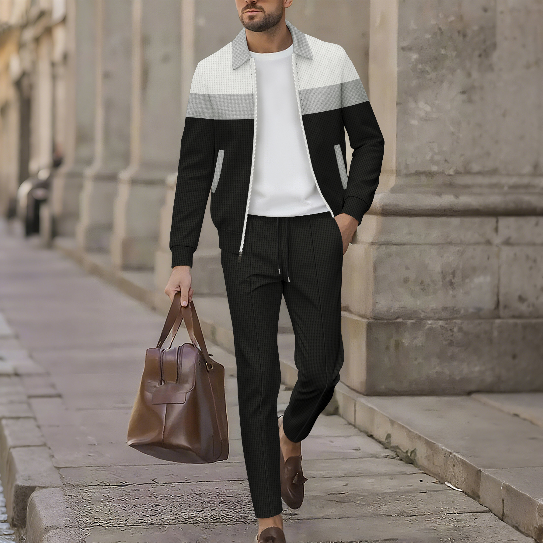 Men's Casual Color Block Waffle Knit Jacket And Trousers Set Spring Autumn New Men's Clothing_voghion.com