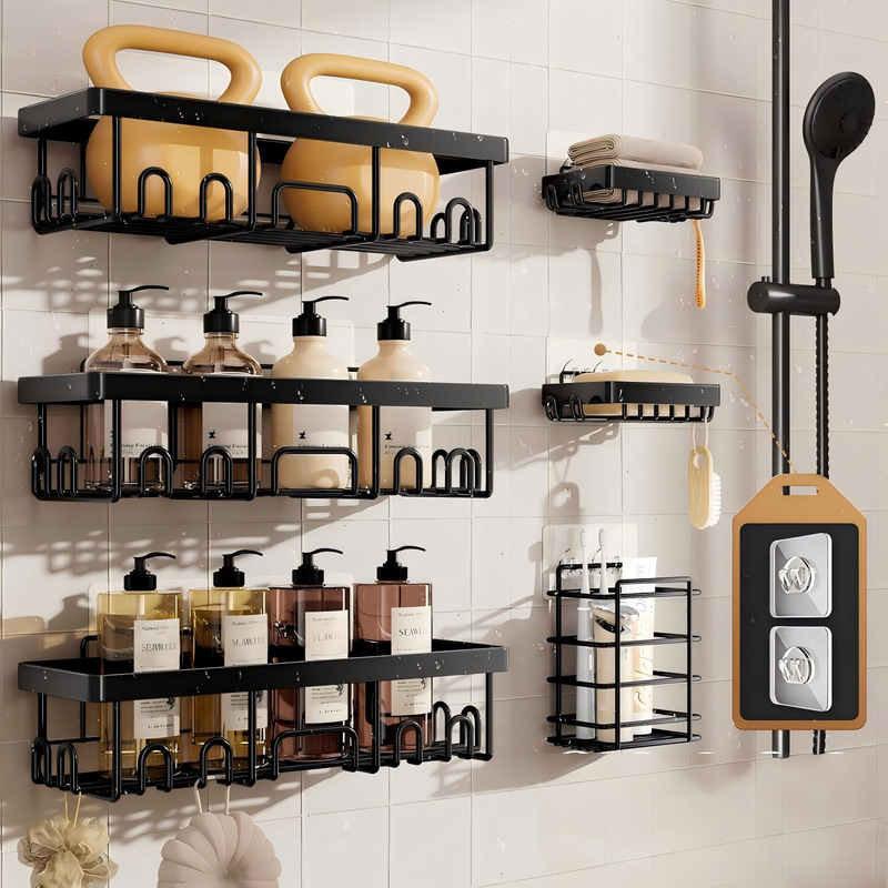 6-Piece Set of Large-Capacity Wall-Mounted Storage Shelves, No-Drill Adhesive Shower Shelves with Soap Holder for Bathroom Organization 6-Piece Set of Large-Capacity Wall-Mounted Storage Shelves, No-Drill Adhesive Shower Shelves with Soap Holder for Bathroom Organization