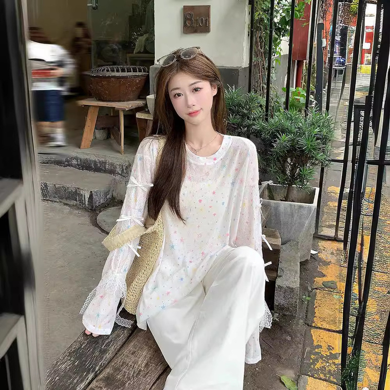 Thin Printed Long-sleeved Sunscreen T-shirt Women's Summer Design Sense Bow Lace Stitching Niche Chic Top Ins