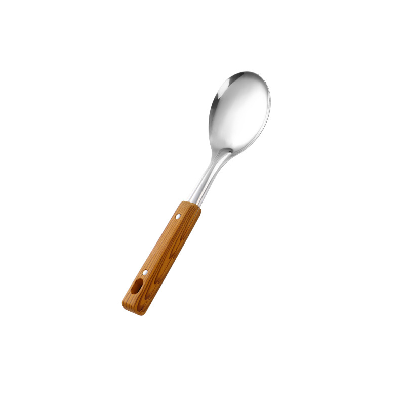 Juego de utensilios de cocina de acero inoxidable para cocinar aislamiento térmico engrosado mango de grano de madera espátula colador cuchara de sopa al por mayor utensilios de cocina domésticos