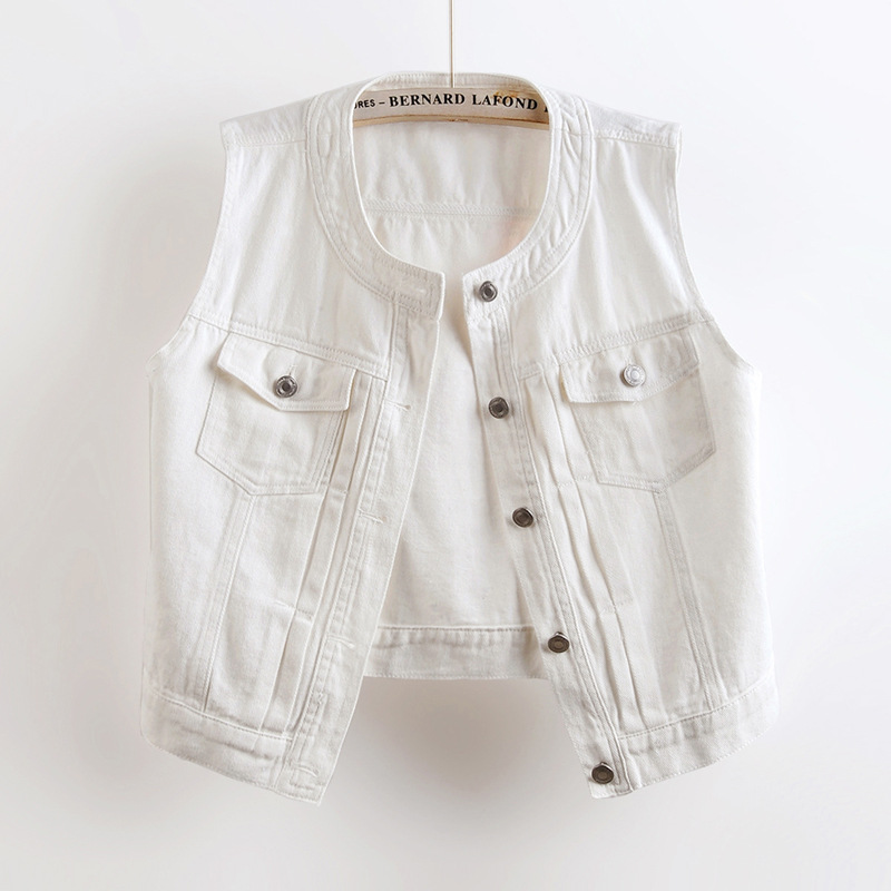 2025 Spring/Summer New Round Neck Denim Vest Women's Sleeveless Vest Tank Top White Fashionable