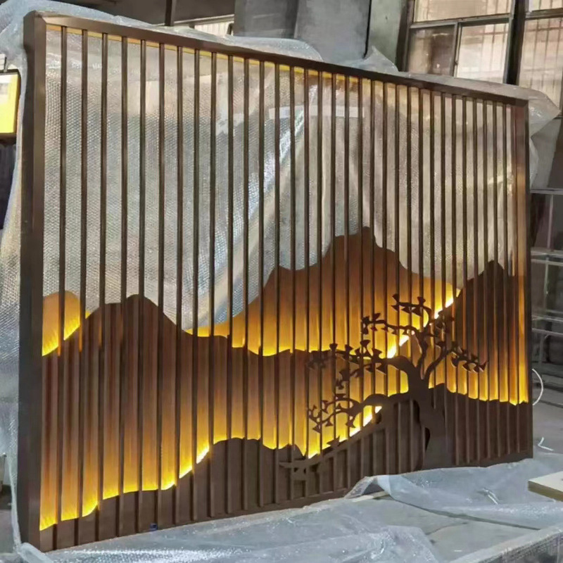 Villa Hotel Outdoor Courtyard Fence Light Luxury Landscape Grille with Light Stainless Steel Background Wall Rockery Screen