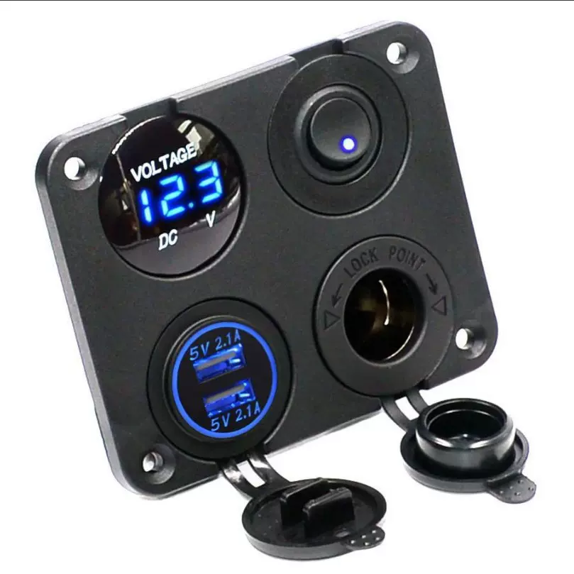 4孔4.2A双USB充电器+电压表+12V电源插座+开关  汽车改装点烟组合