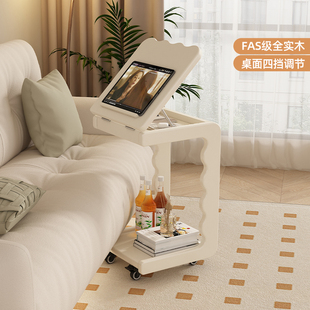 Solid Wood C-Shaped Sofa Side Table, Living Room Side Cabinet with Wheels, Bedside Storage Rack, Household Mobile Coffee Table Corner Table