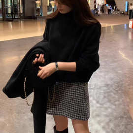 现货 2025冬季新韩国东大门OU*CE高腰小香风粗花呢A字格子半身裙