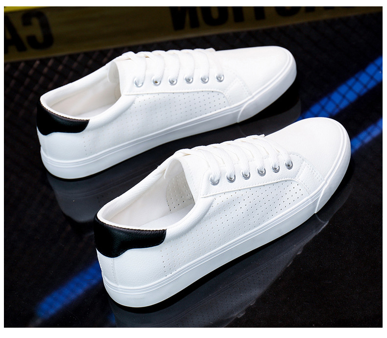 Caoutchouc petit blanc nouveaux trous de maille en cuir décontracté, à lacets d'été, chaussures de sport à fond plat pour étudiants, pour hommes_voghion.com