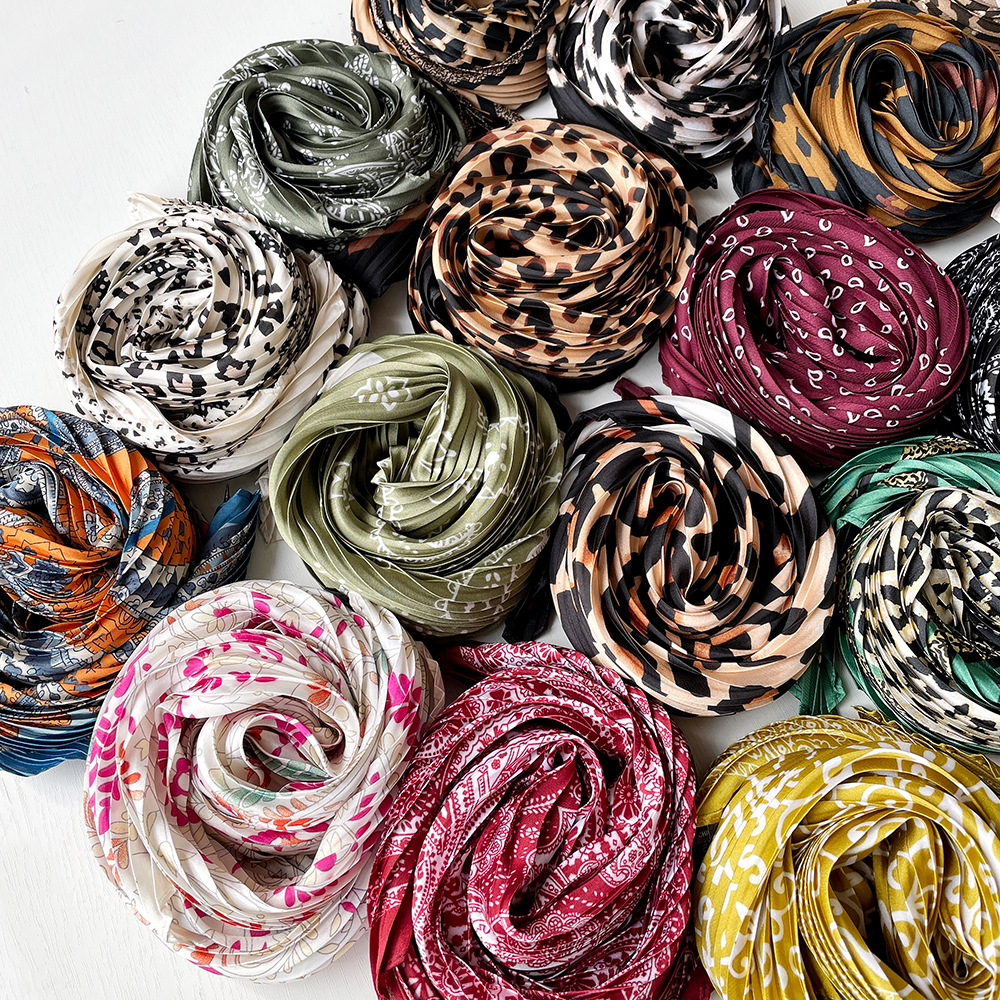 Women's Pleated Silk Scarf Leopard Print Satin Neckerchief Style_voghion.com