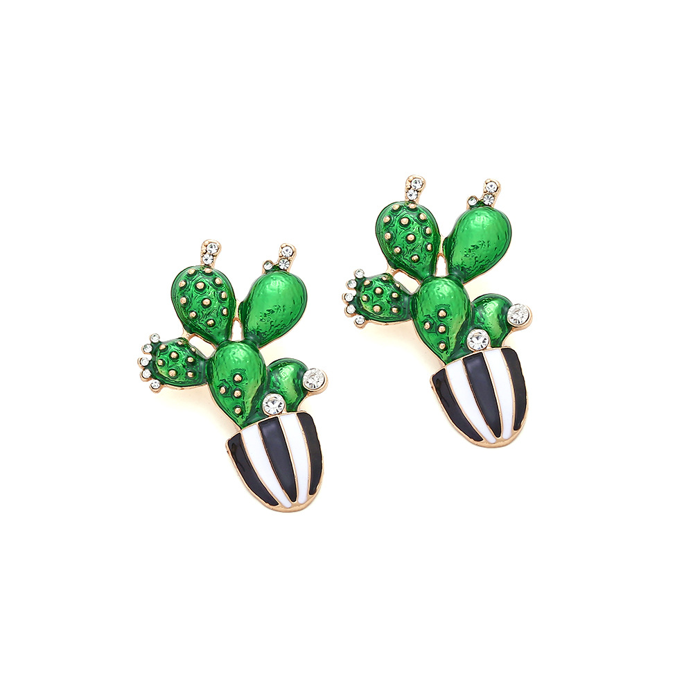 Cactus Pattern 1 Pair Novelty Cactus Enamel Alloy Rhinestones Ear Studs