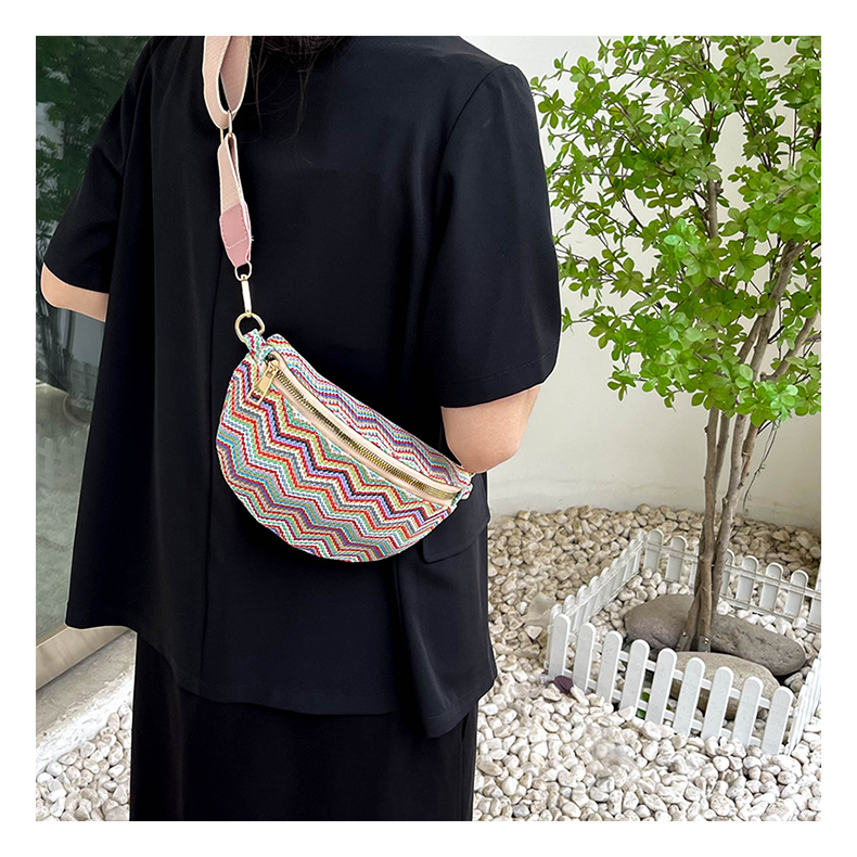 Braid Material Color Block, Waves Pattern Women's Vintage Style Color Block Waves Braid Waist Bags