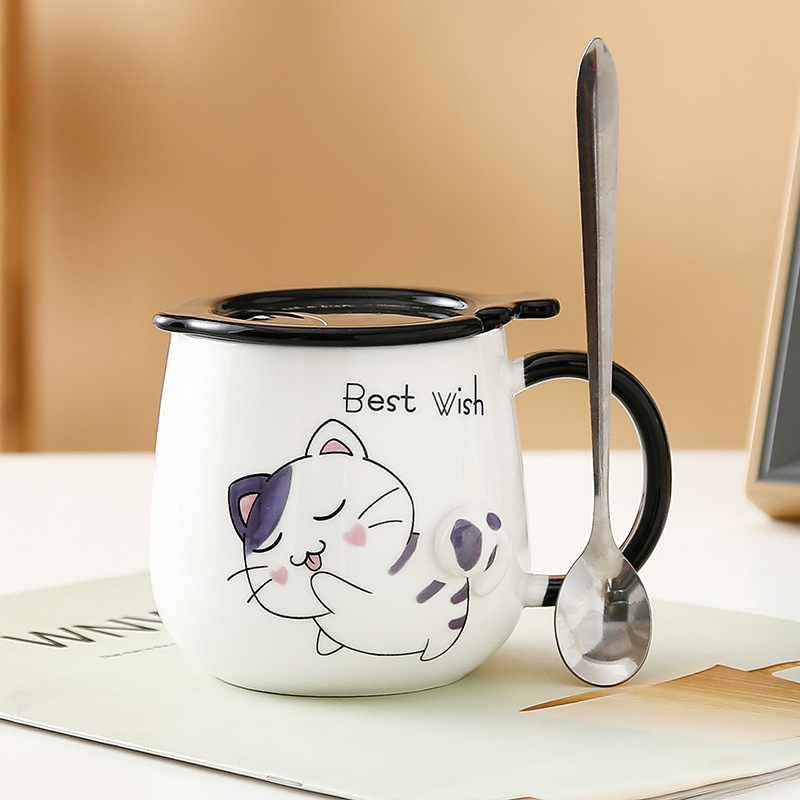 Taza de gato Mark con tapa Cuchara Taza de agua de cerámica Taza de pareja de dibujos animados de cerámica para hombres y mujeres Taza de desayuno de café de oficina