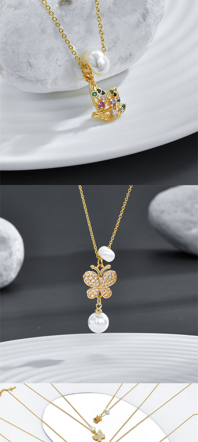 Fashion Butterfly Copper Pearl Plating Inlay Zircon Pendant Necklace 1 Piece