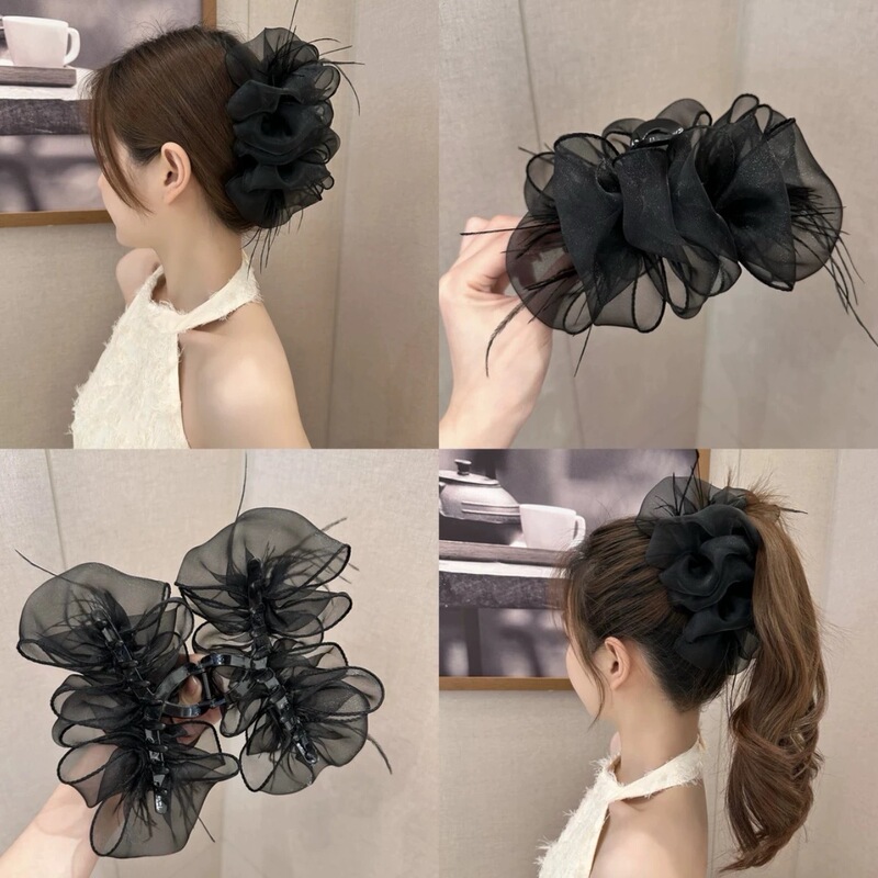 バブルガーゼグリッパーリボンフェザーブラックネットレッド新メッシュヘアピン女性の後頭部サメクリップ帽子|undefined