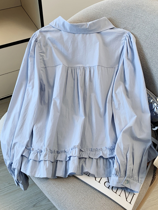 自留款推荐~2025春秋款冰岛蓝长袖衬衫女翻领宽松边拼接衬衣|undefined