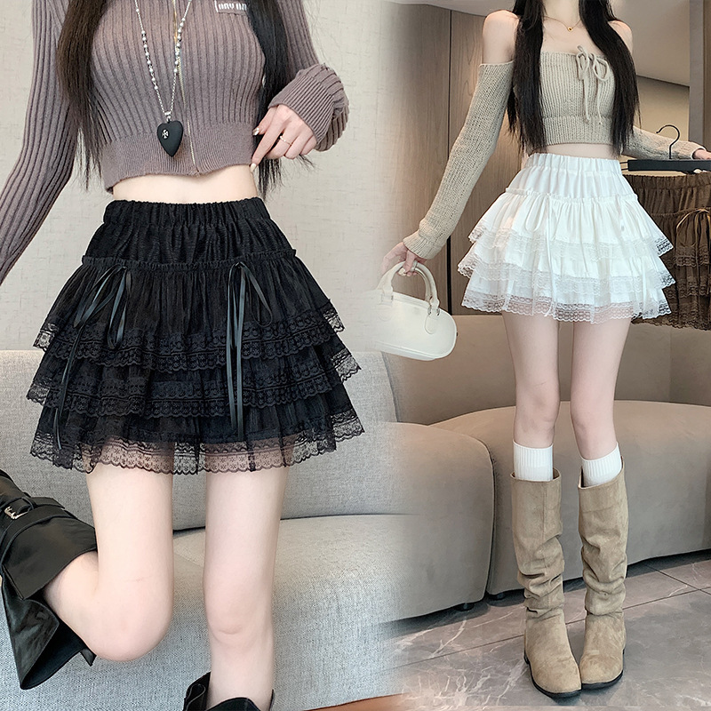 2025秋季甜美芭蕾风黑色蕾丝半身裙高腰蝴蝶结防走光蓬蓬蛋糕裙女|undefined