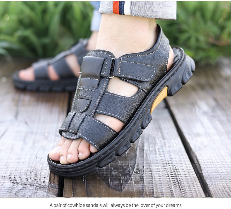 Dép sandal nam da bò hở ngón đi biển chống trượt — nâu, đen chi tiết 18