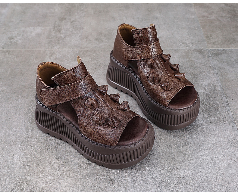 Sandal cao gót nữ hở mũi đế dày da bò thật phong cách La Mã — nâu chi tiết 13