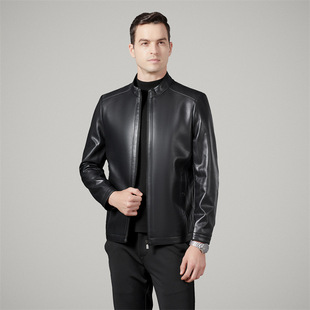 Haining Leather Men's Spring and Autumn New Leather Jacket Business Casual Vertical Collar Biker Jacket Jacket Dad Clothes Fashion