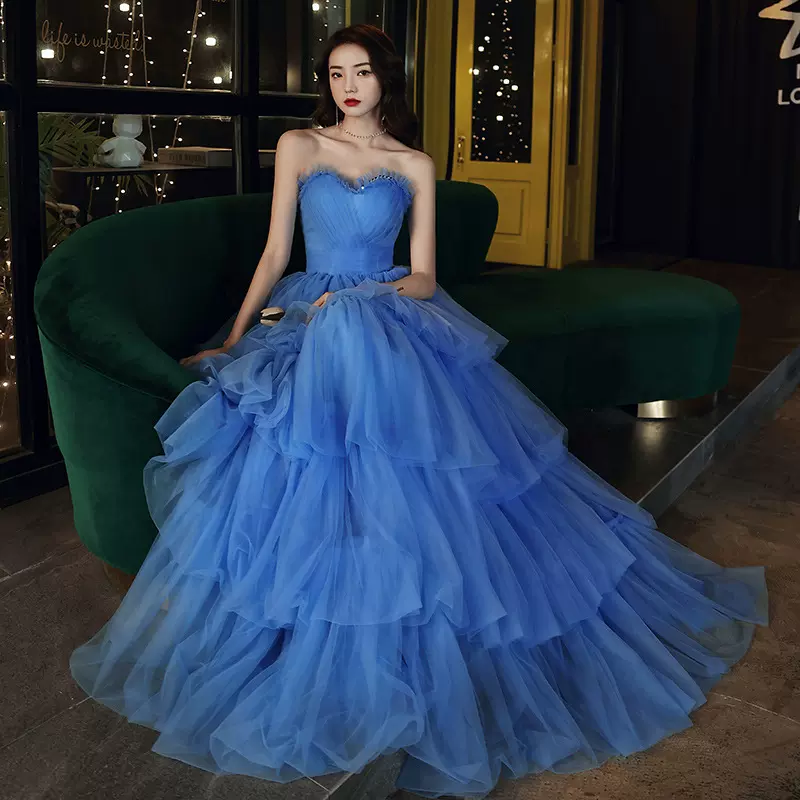 抹胸蓬蓬裙小晚礼服裙女长款高端克莱因蓝主持人赵丽颖同款演出服