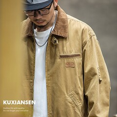 春の純綿ワークジャケットメンズルーズトレンディブランドインプラスサイズトップボーイズラペルカジュアルジャケットトレンディ
