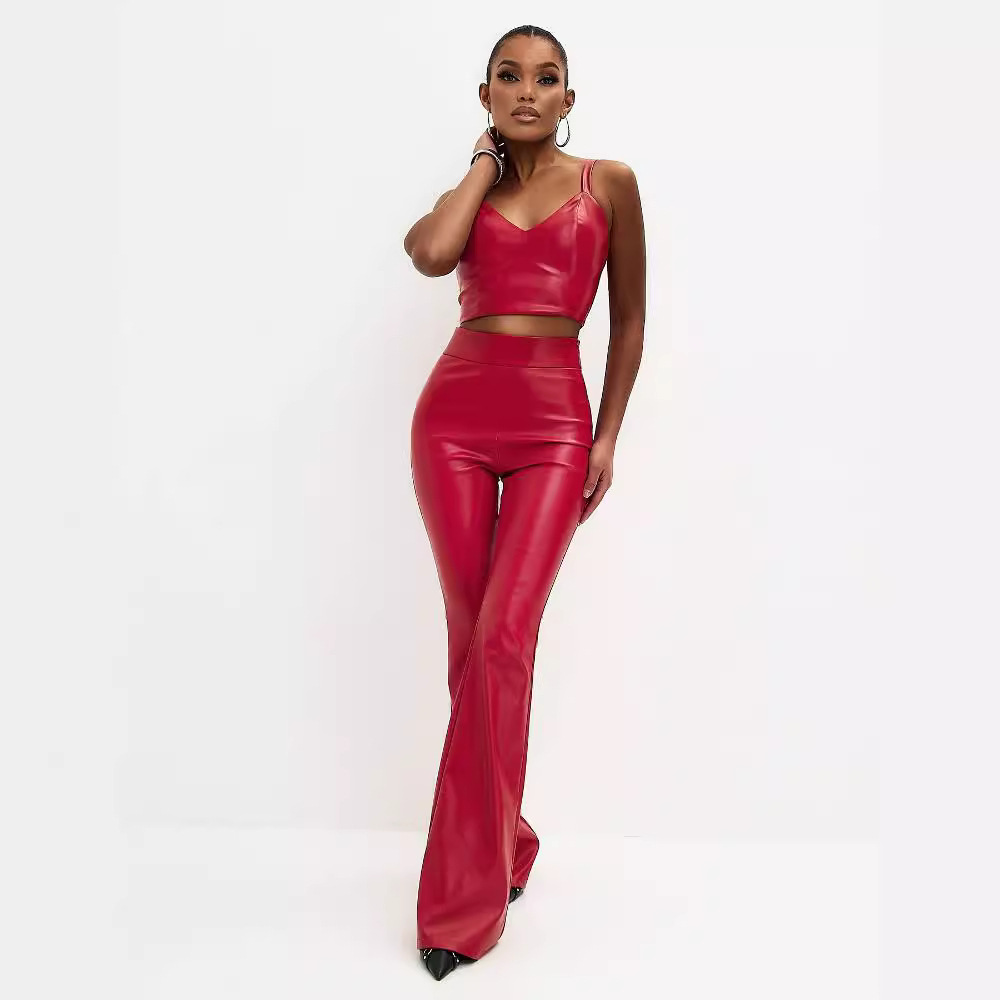 Cross-border European and American Women's 2024 New High Waist Light-sensitive PU Leather Pants Trousers Black Bright Flare Trousers Women's Pants