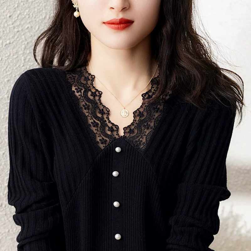 Легкий кружевной вязаный свитер с воротником для взрослых Оригинальная итальянская женская одежда Остатки одиночных осенних европейских товаров Базовый Топ с длинным рукавом Модный