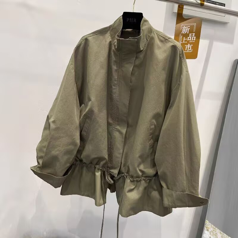 ng2510292 European Style 2026 Spring New Stand Collar Zipper Drawstring Fashionable Loose Casual Mid-Length Trench Coat Women's_ecoleips.com