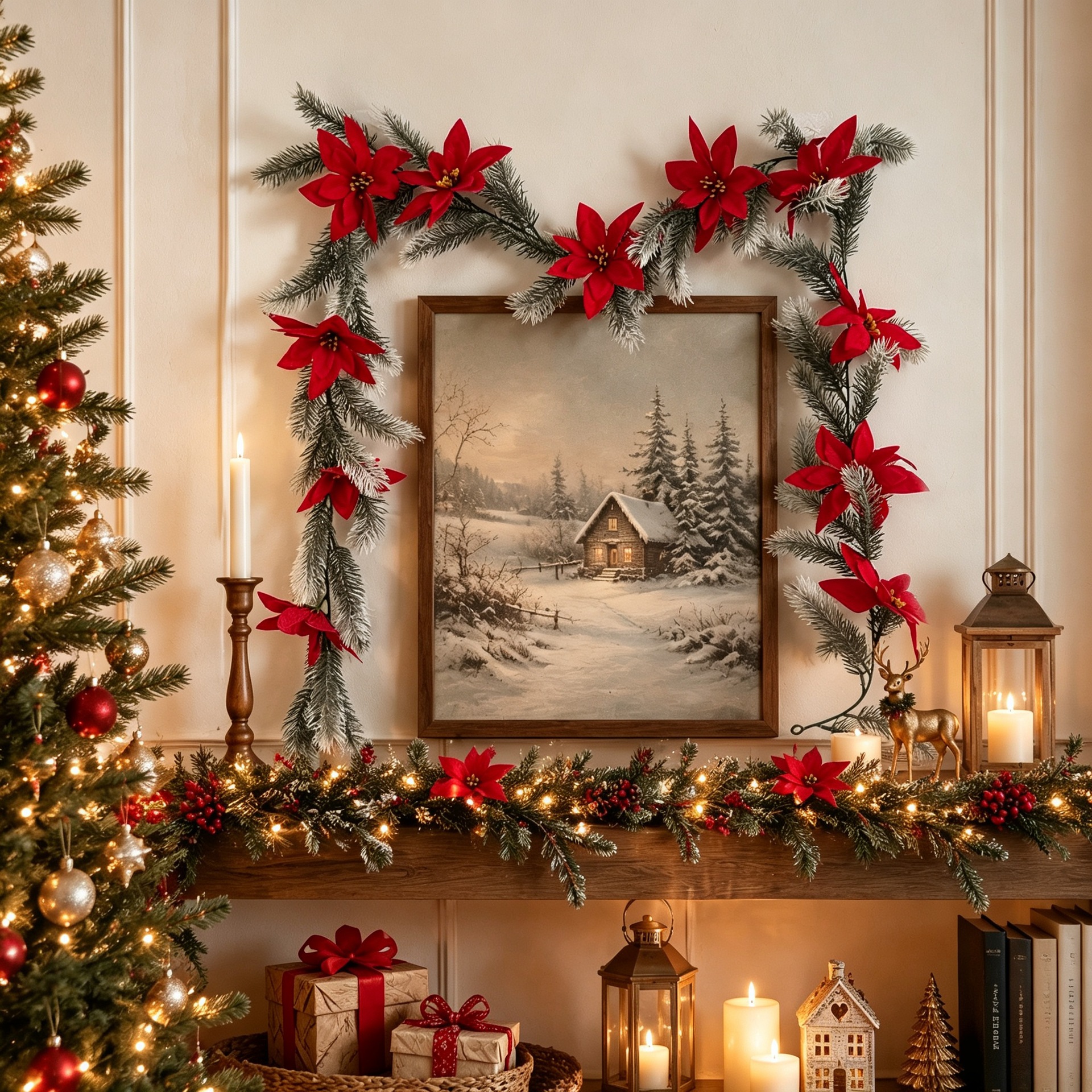 Cross-border artificial 1.8m pine needle Christmas decoration poinsettia garland festive atmosphere creative wall hanging ornament garland