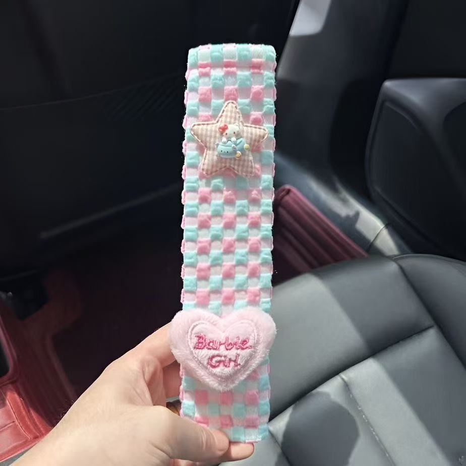 Sweet Mini Hello Kitty Seatbelt Shoulder Pads Soft Bubble Plaid Dopamine Colorful Car Interior for Women
