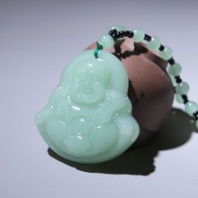 仿玉佛浅绿平安牌翡翠吊坠圆珠链年年有鱼项链女菩萨像毛衣链批发
