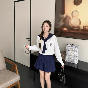 chubby girl Korean Uniform College Style Navy Collar Long Sleeve Sailor Suit High Waist Pleated Skirt JK Two-Piece Suit