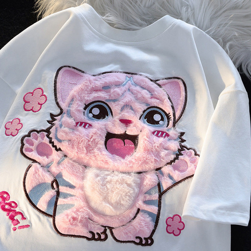 National Fashion Brand oversize Flocking Cute Tiger Short-sleeved T-shirt Men's and Women's Niche Design Sense Couple Top