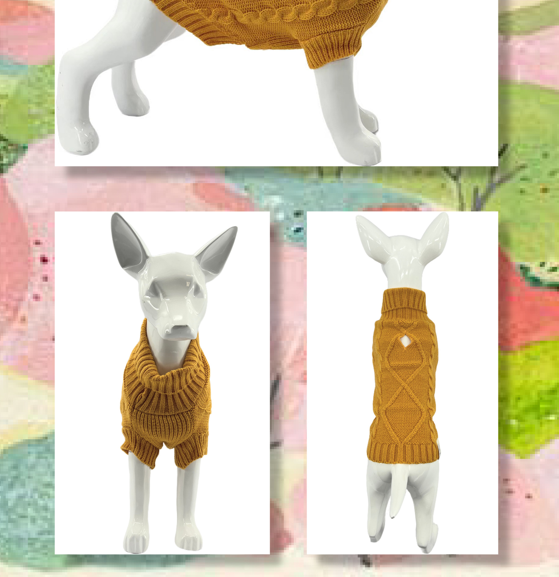 Pull tricoté pour chien doux et confortable, design à col haut disponible en trois couleurs : vert menthe, rose et gingembre_voghion.com