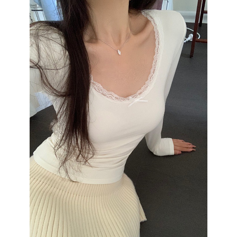 白色甜辣妹正肩长袖t恤内搭打底衫女秋冬季纯欲蕾丝修身短款上衣