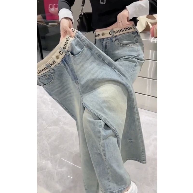 女性用ストレートジーンズ2025新作夏スリムフィットハイモップパンツ大きいサイズハイウエスト肉をカバーするワイドレッグパンツ|undefined