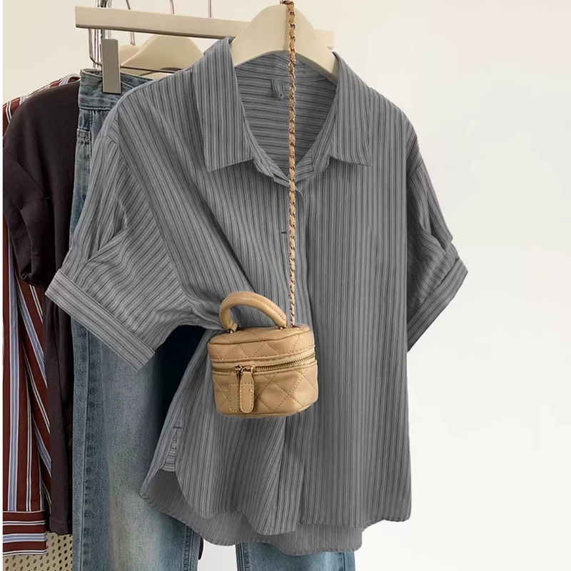 Grey French Stripe Polo Collar Short Sleeve Shirt Women's Summer 2025 New Shirt Shoulder Half Sleeve Top Grey French Stripe Polo Collar Short Sleeve Shirt Women's Summer 2025 New Shirt Shoulder Half Sleeve Top