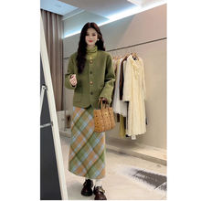 气质香风套装毛呢外套新款半身裙秋冬套装洋气复古韩版格子款