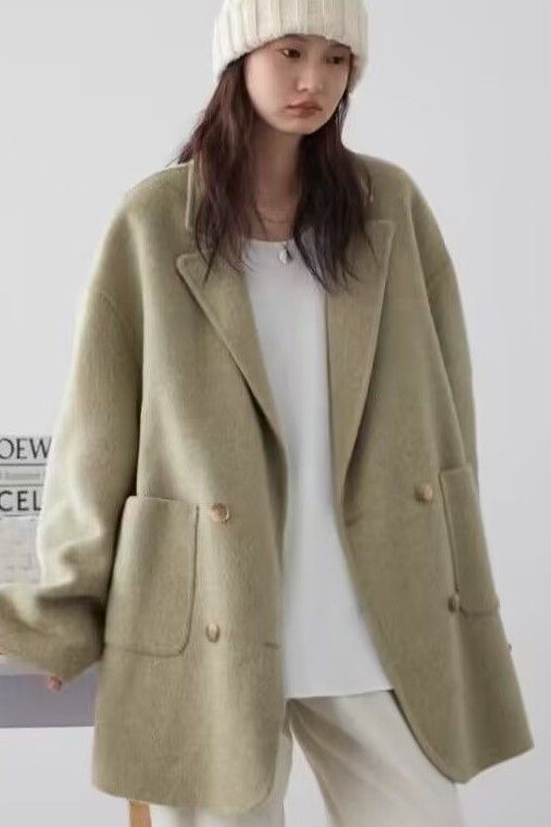 Gray Woolen Suit Jacket for Women, New Korean Style, High-End, Petite, Thickened Double-Sided Wool Coat, Trendy