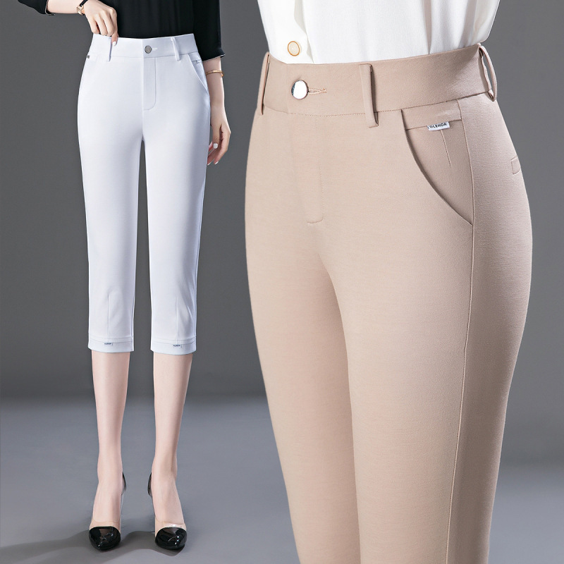 Cropped pants women's summer thin casual pants plus size chubby girl high waist straight pants middle-aged mom women's pants New