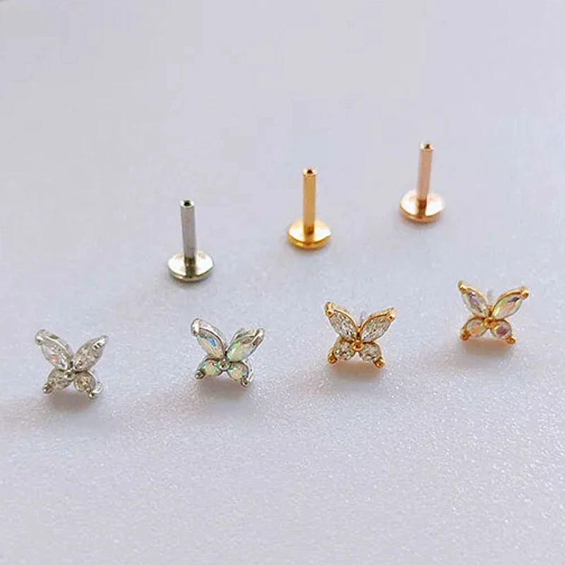 Пирсинг губ Labret, титан G23, бабочка с кристаллом, 1,0×6–12 мм, множественные цвета