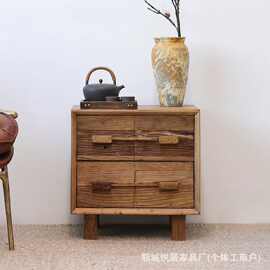 侘寂风老榆木床头柜家用客厅沙发柜实木靠墙储藏矮柜入户玄关柜