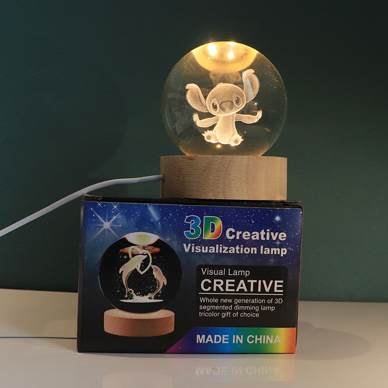 Lámpara decorativa 3D con bola de cristal – figura luminosa de Stitch, regalo creativo y luz nocturna