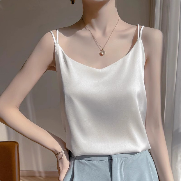 2025 Camisole Women's White Beautiful Back Acetic Acid Silk Top Satin Summer Suit Imitation Base Shirt