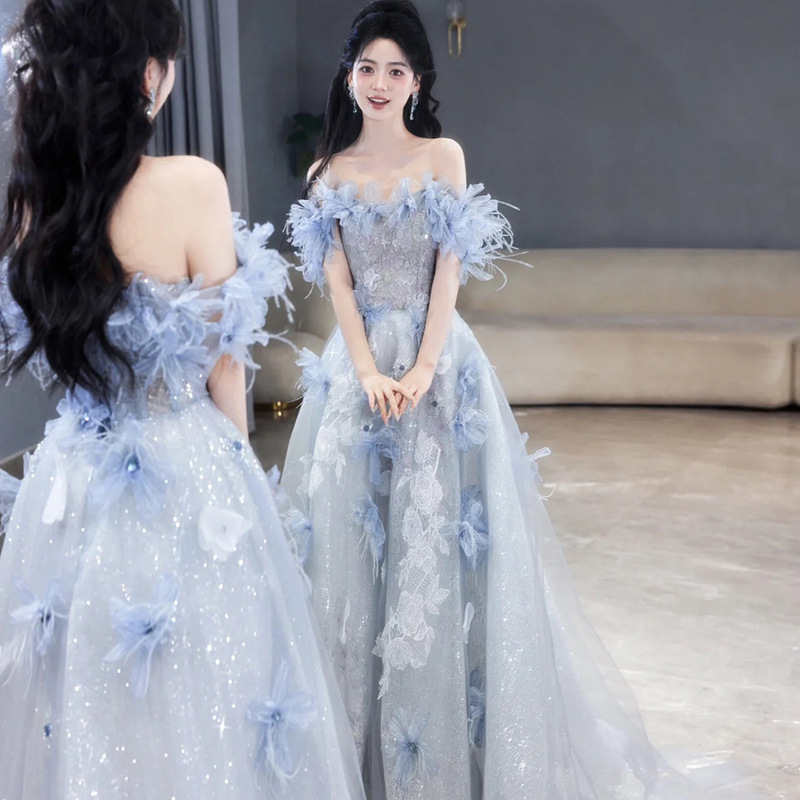 Blue Evening Dress for Women 2026 New Style Off-Shoulder Light Luxury Niche Birthday Party Adult Dress Vocal Arts Exam Blue Evening Dress for Women 2026 New Style Off-Shoulder Light Luxury Niche Birthday Party Adult Dress Vocal Arts Exam